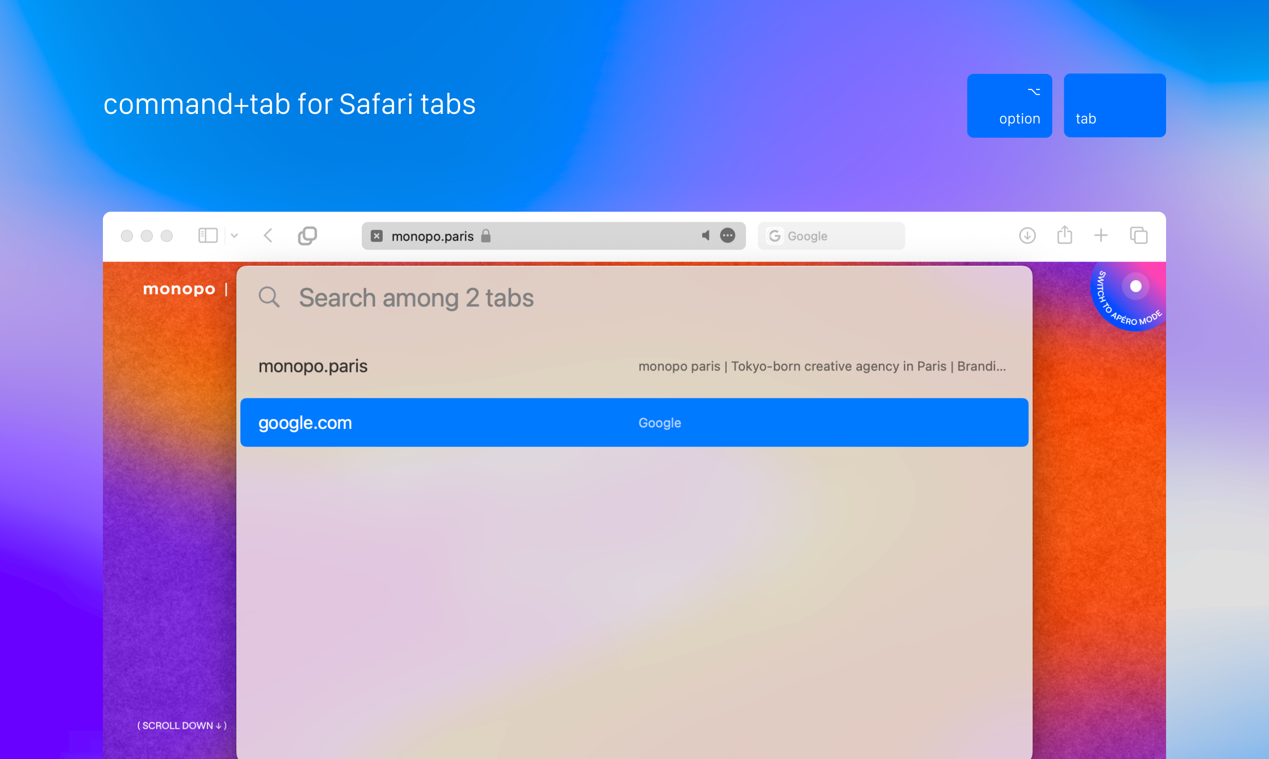 startuptile Tab Finder-command + tab for Safari