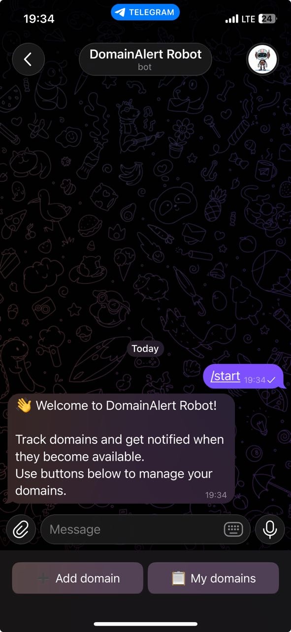 Telegram bot DomainAlert Robot - Screenshot 2 showing product features and functionality