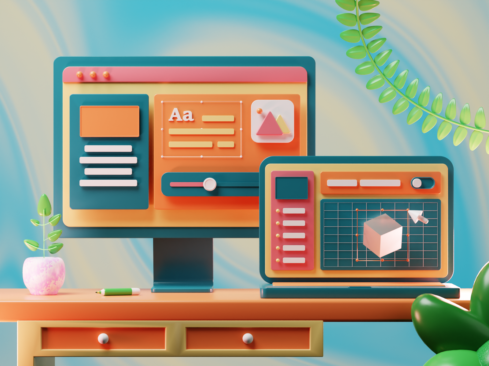 3D UI插图：夏季共鸣媒体3