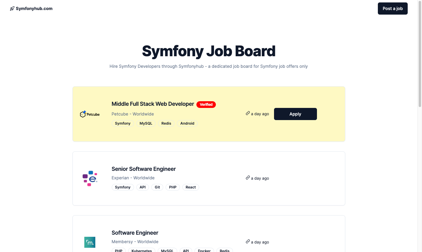 SymphonyHub - Symfony 개발자를위한 구인 보드 미디어 1