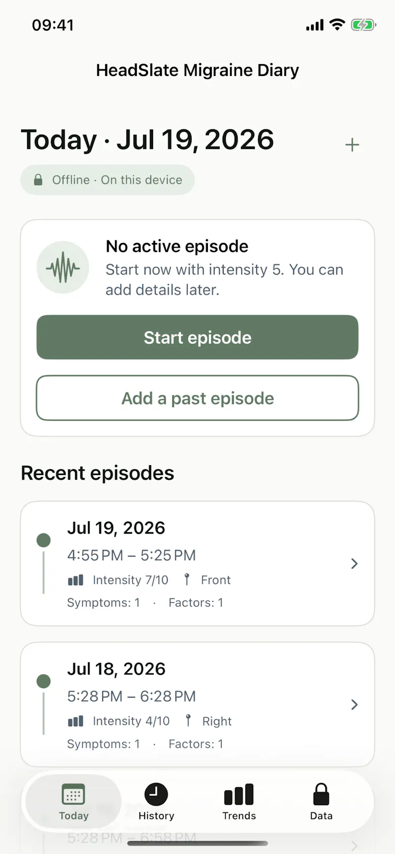 HeadSlate Migraine Diary screenshot 1