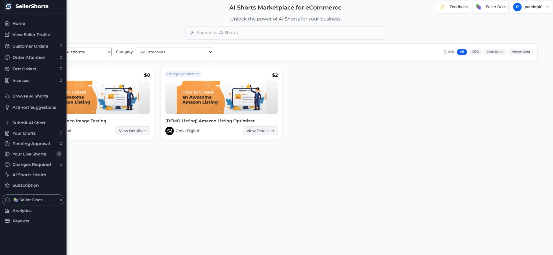 SellerShorts - Screenshot 2 showing product features and functionality
