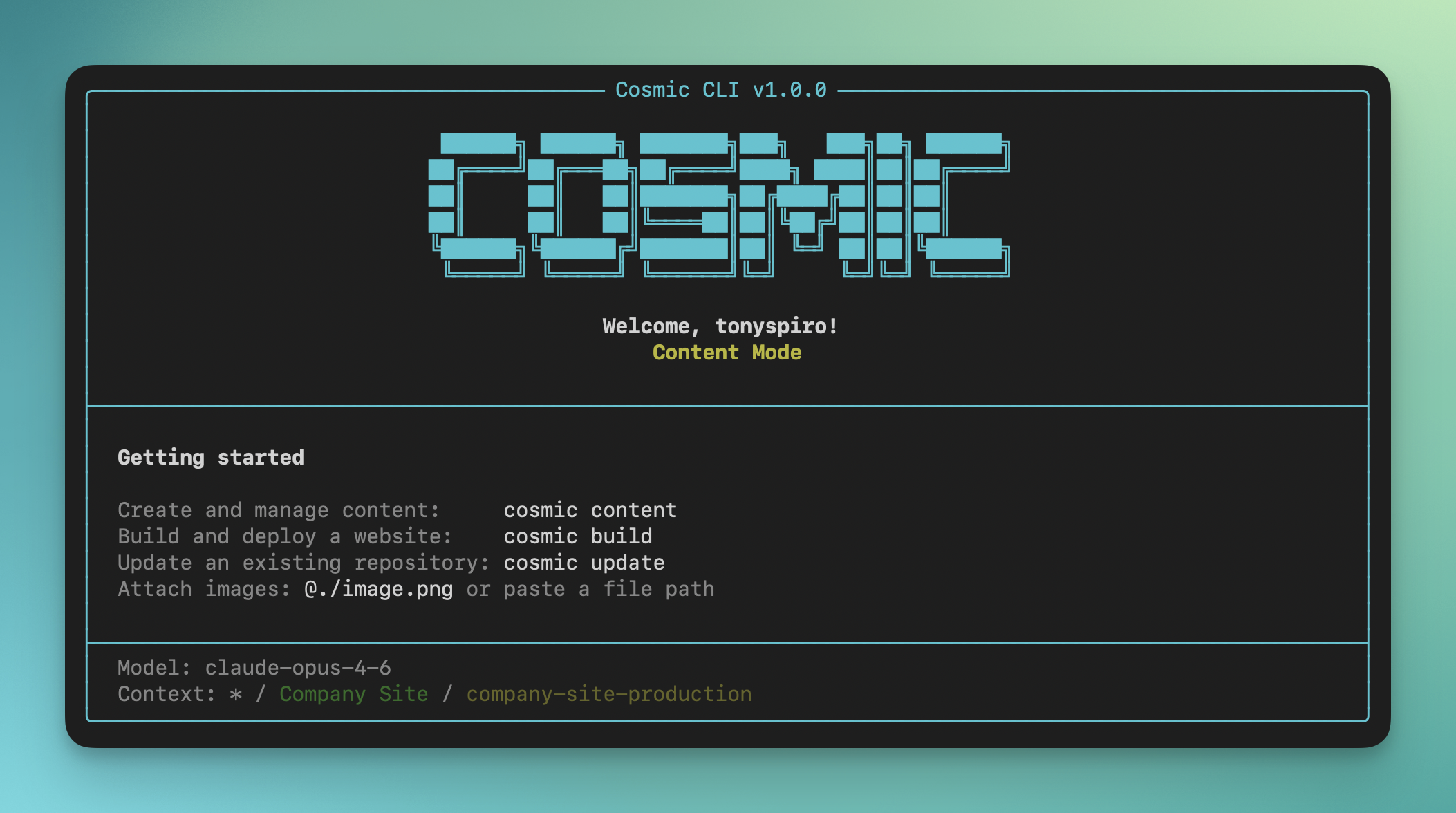 Cosmic CLI - Main product screenshot demonstrating key features and user interface