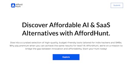 인디 개발자 및 중소기업을 위한 다양한 비용 효율적인 AI 및 SaaS 솔루션을 표시하는 AffordHunt 홈페이지의 스크린샷.