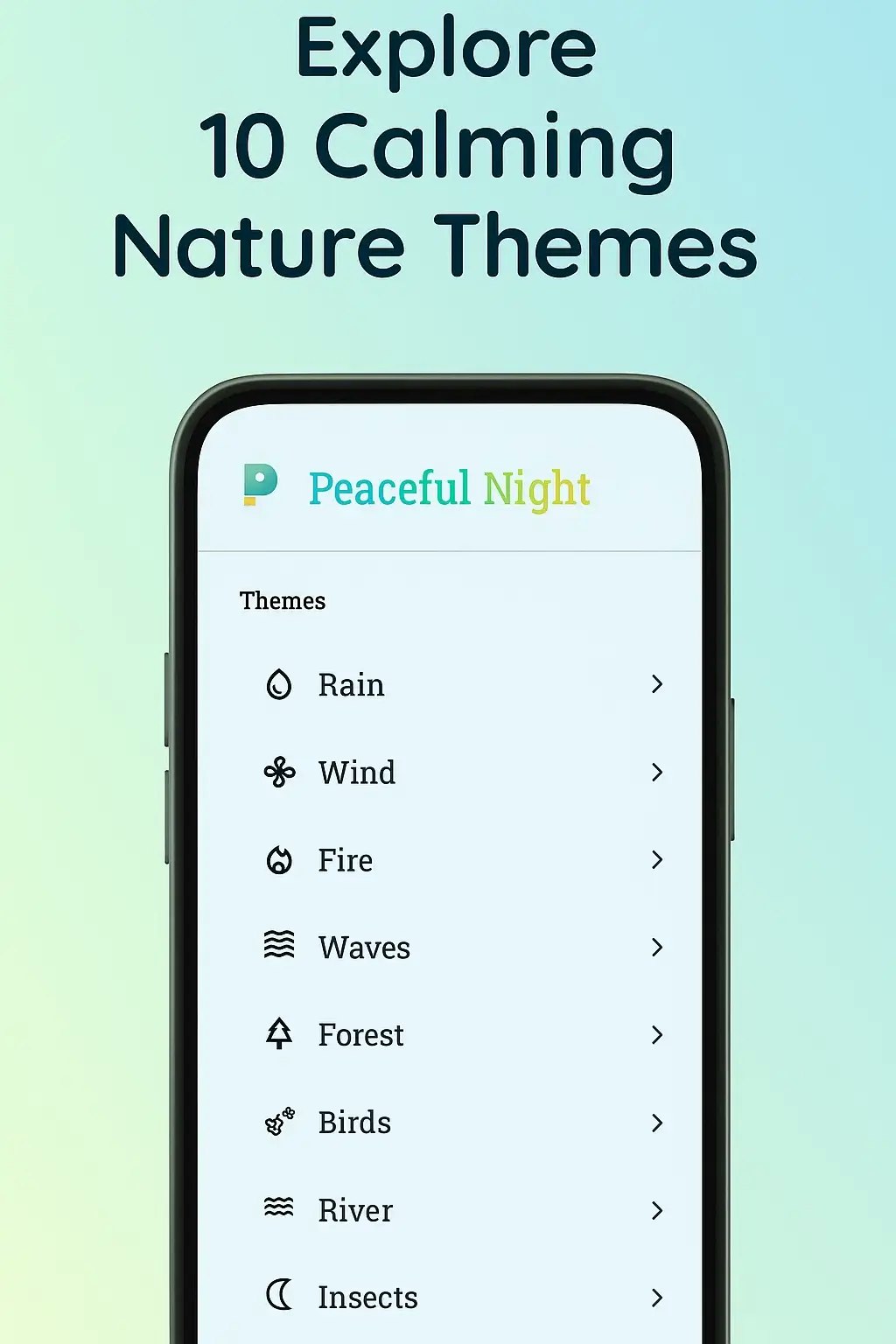 Peaceful Night: Sleep & Calm Sounds - Main screenshot showing features and interface