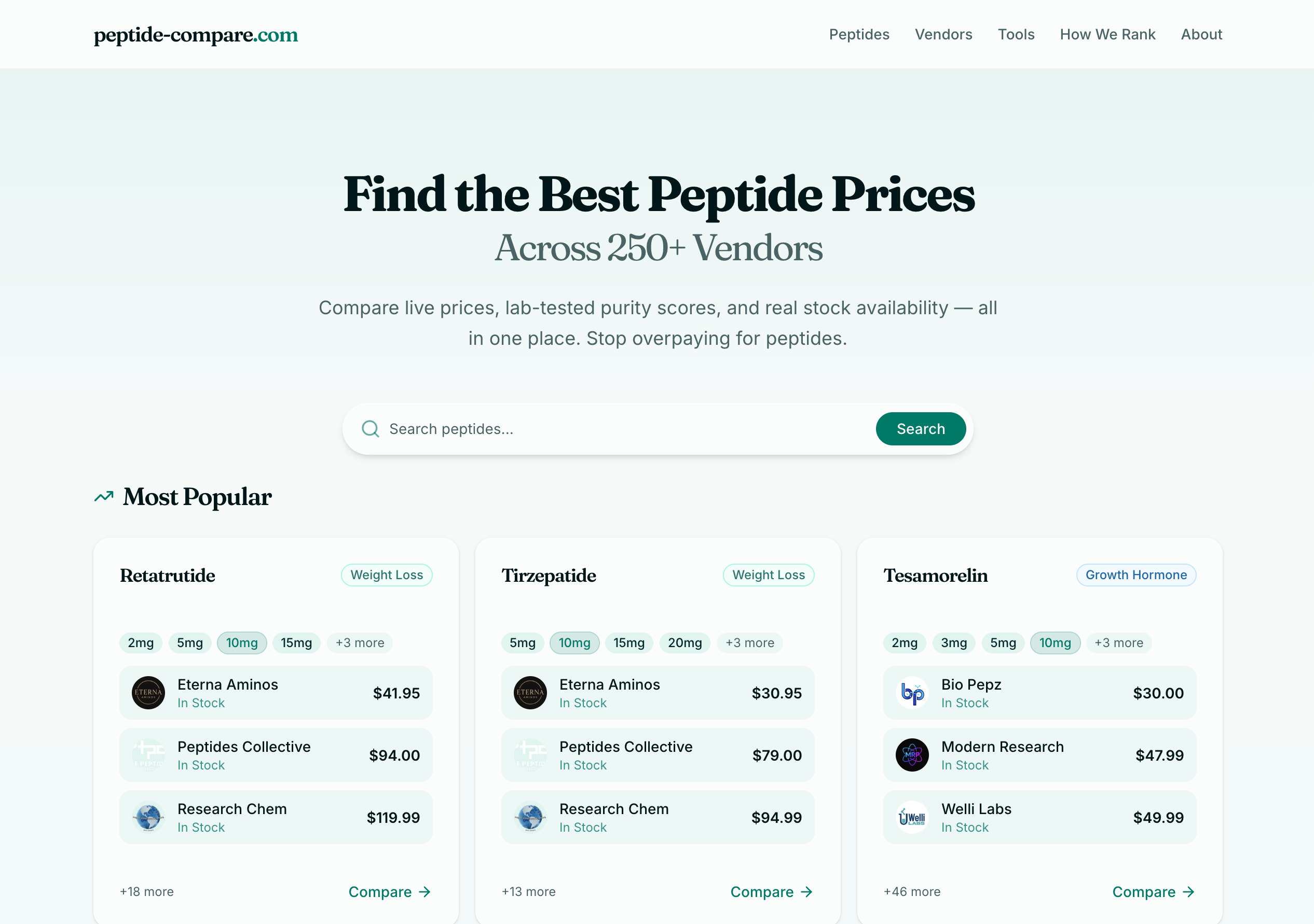 Peptide Compare - Screenshot 2 showing product features and functionality