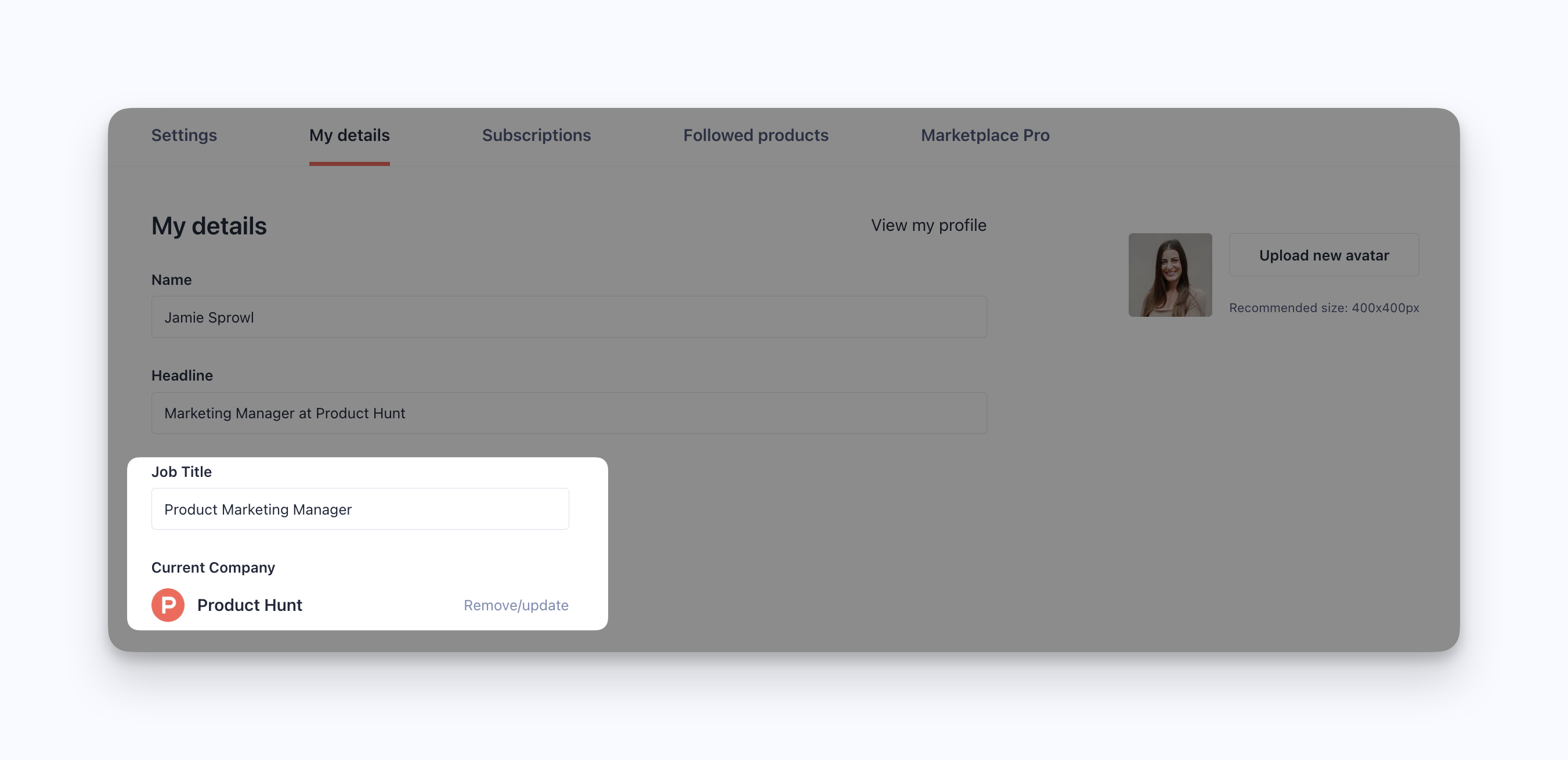 Job title and company name