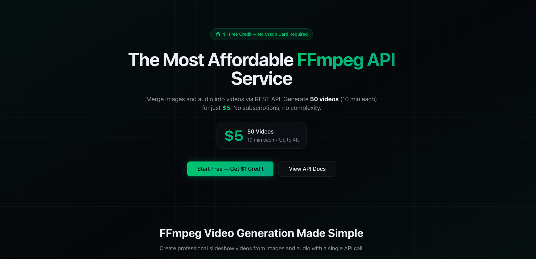 FFmpeg API Service - Main product screenshot demonstrating key features and user interface
