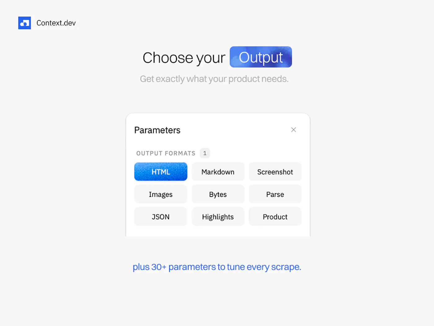 Context.dev 'Choose your output' panel with format options such as HTML, Markdown, screenshot and images