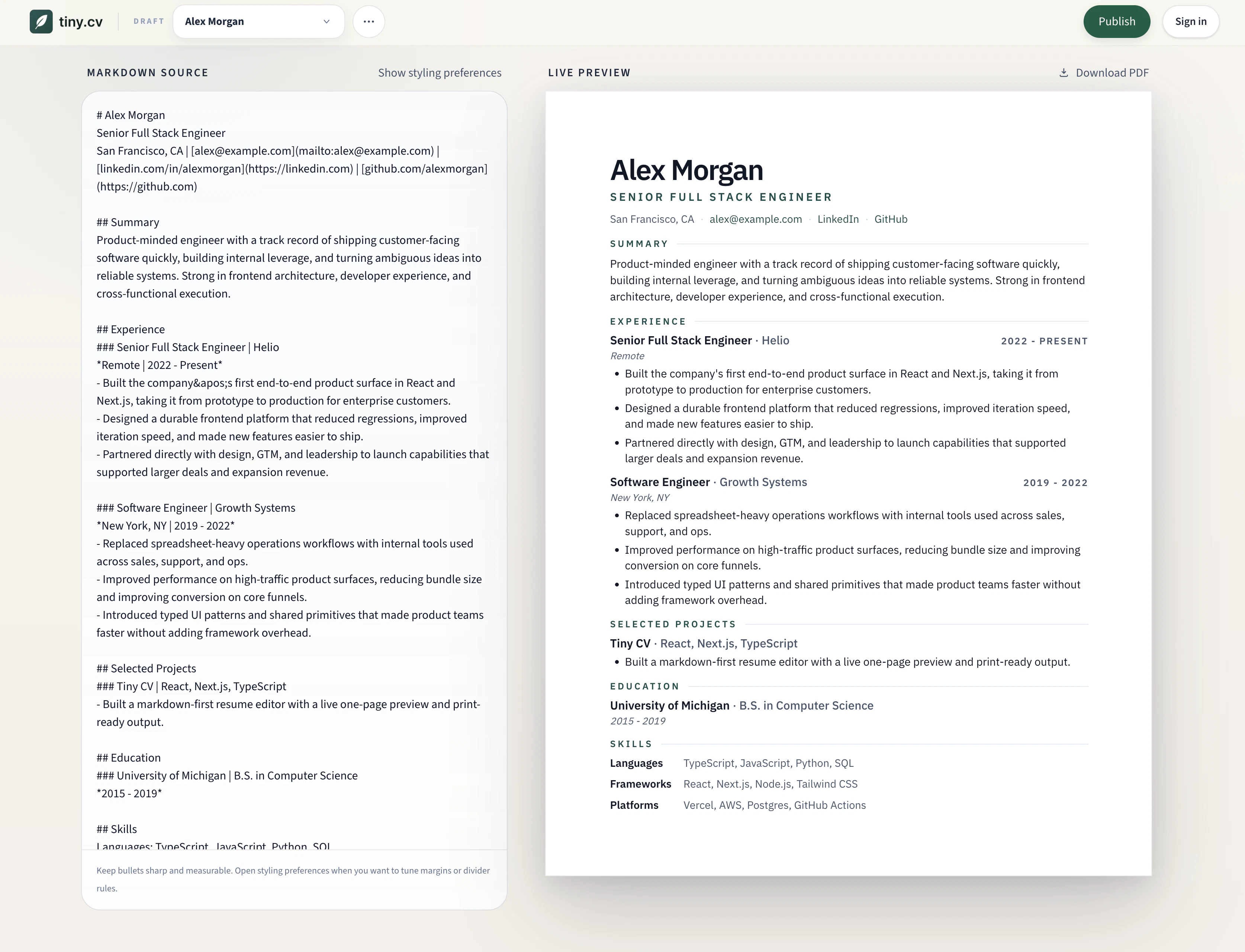 Tiny CV screenshot 2