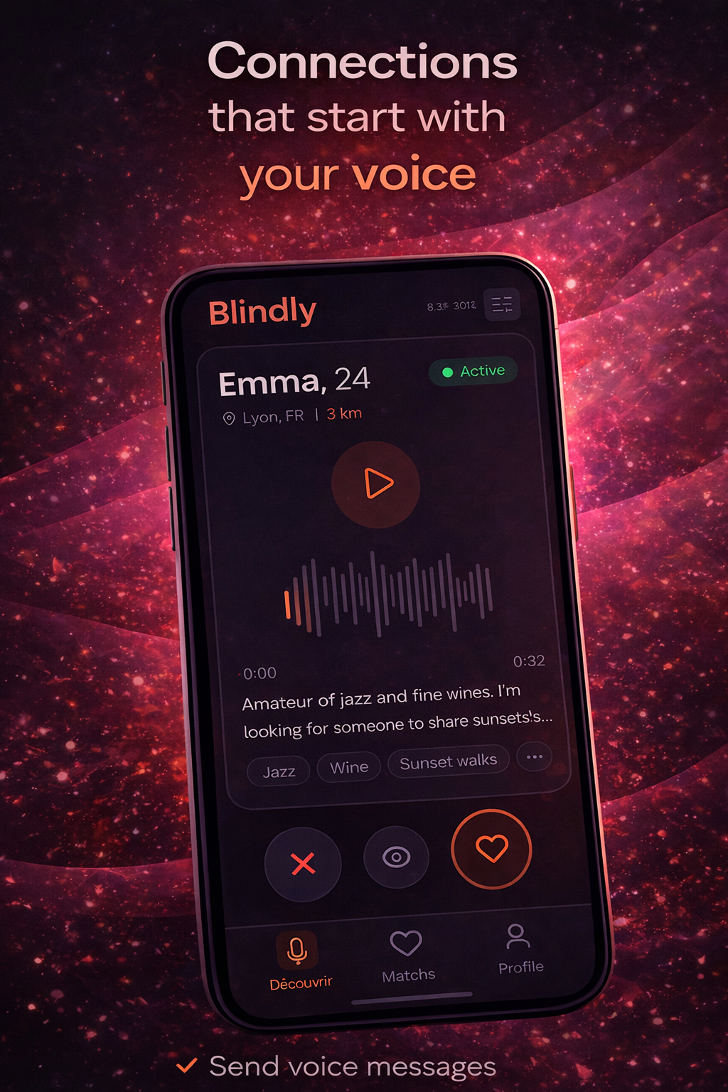 Blindly - Voice first dating - Main product screenshot demonstrating key features and user interface
