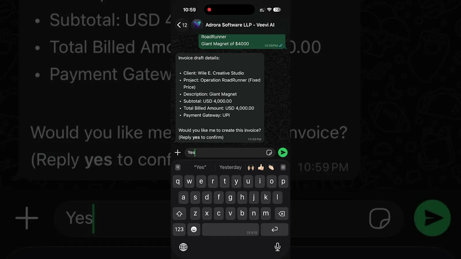 Veevi — Invoice from WhatsApp in Seconds screenshot 1 (video preview)