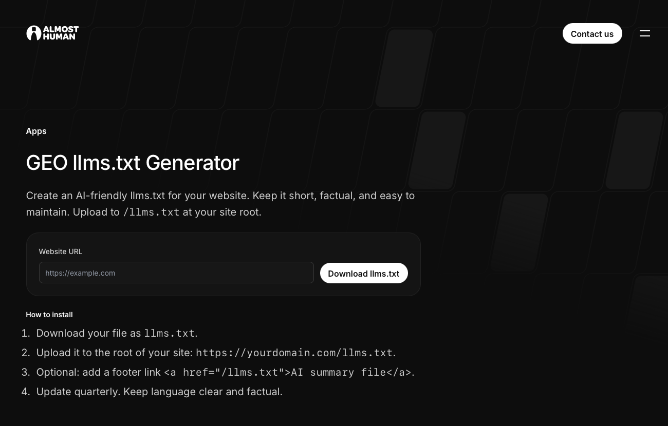 Free llms.txt generator by Almost Human - Main product screenshot demonstrating key features and user interface