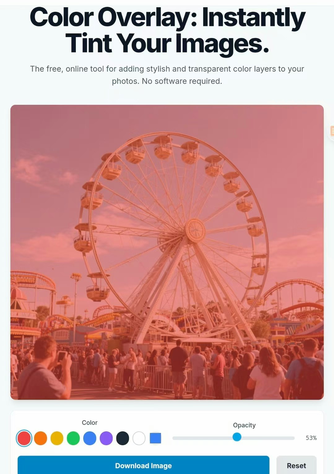 Herramienta de imagen de superposición de color gratis en línea - Agregue una superposición de color tinte a cualquier imagen fácilmente. media 1
