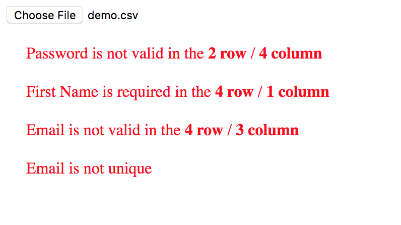 Validation of CSV file against user defined schema (returns back object with data and invalid messages) gallery image