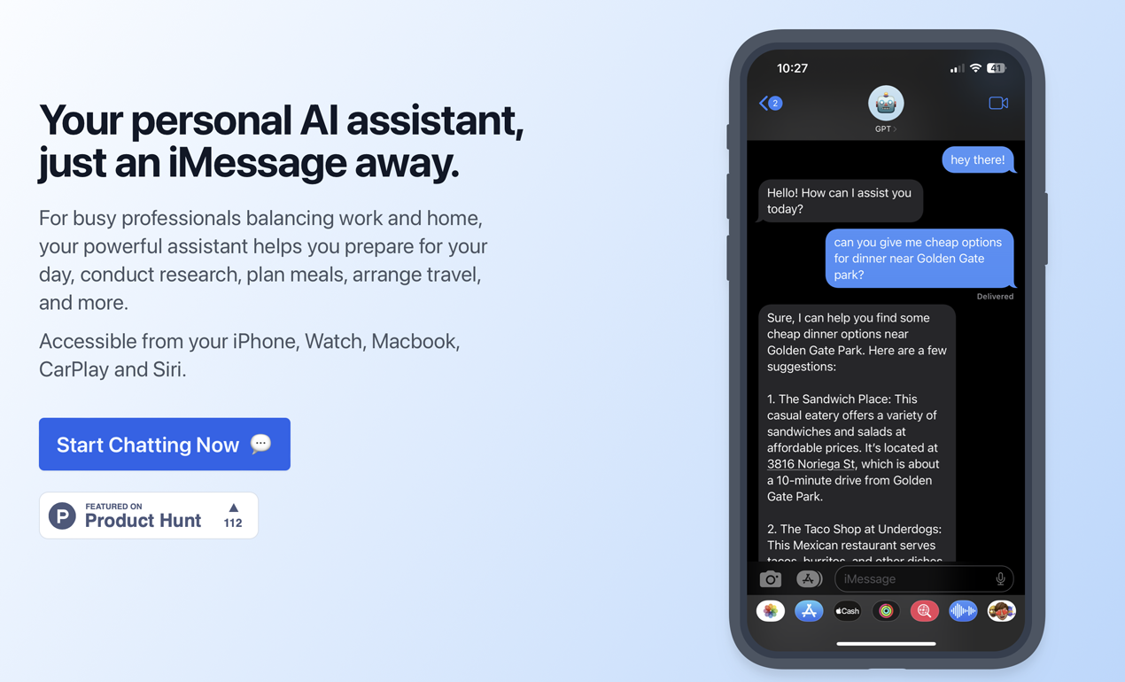 startuptile iChatWithGPT-Personal AI assistant in iMessage. Browsing reminders ...