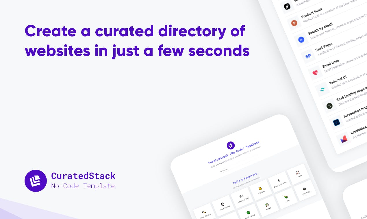 Curatedstack No Code Template Create A Curated Directory Of Websites In Just A Few Seconds Product Hunt