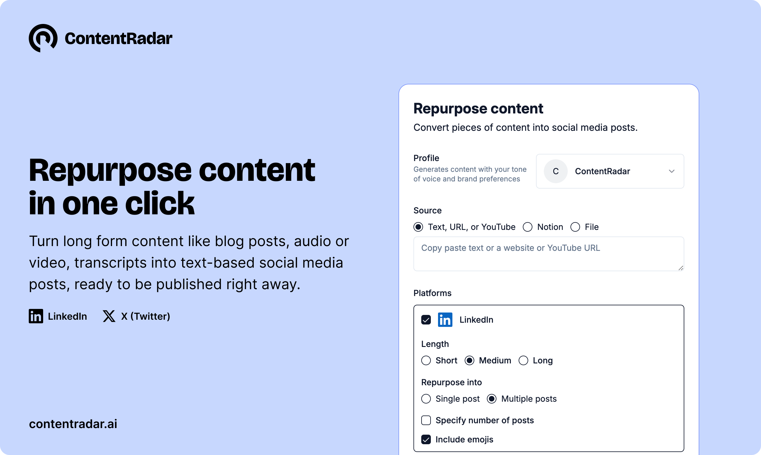 Contentradar - अपने सर्वश्रेष्ठ लेखन और पॉडकास्ट को ली और एक्स पोस्ट में बदल दें मीडिया 2
