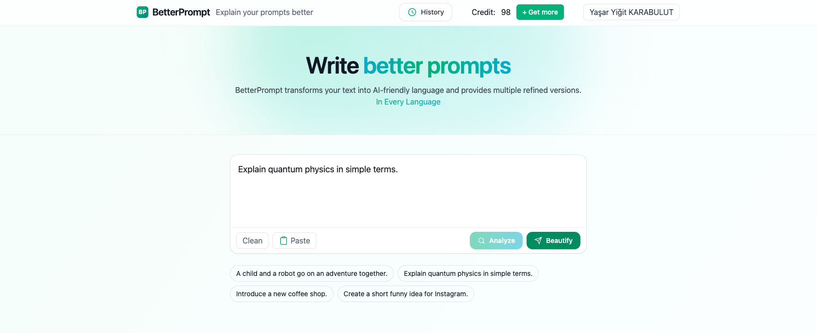 BetterPrompt - Main product screenshot demonstrating key features and user interface