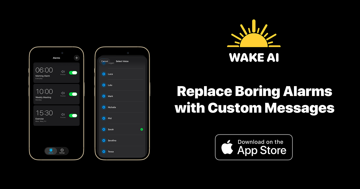 Wake AI - Talking Voice Alarm for iPhone - Main product screenshot demonstrating key features and user interface
