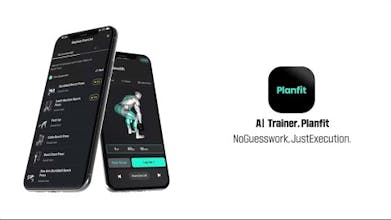スマートフォンでPlanfitアプリを使用している人のイラストで、画面にはパーソナライズされたワークアウトが表示されています。