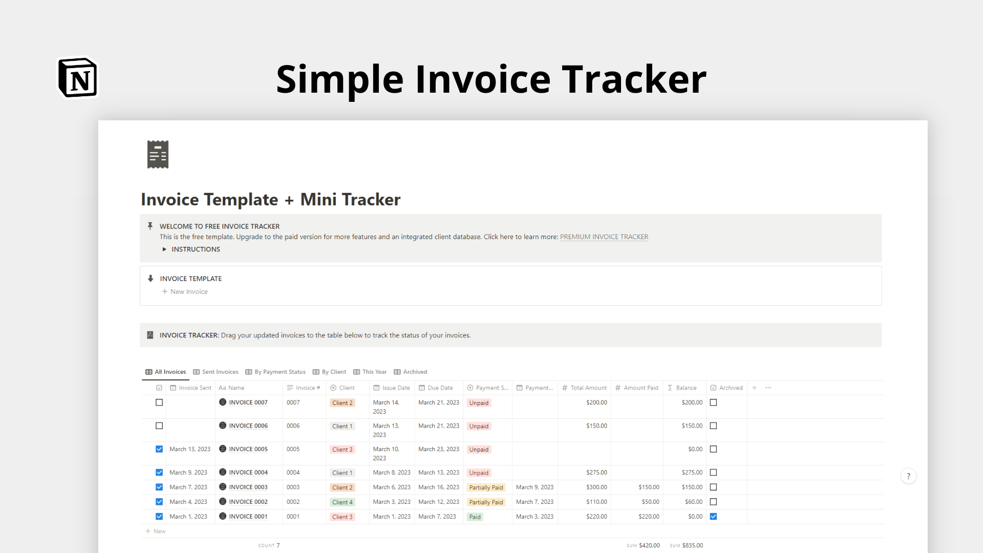 Simple Invoice Template and Mini Tracker - Simplify your invoicing with this FREE Notion template 미디어 1