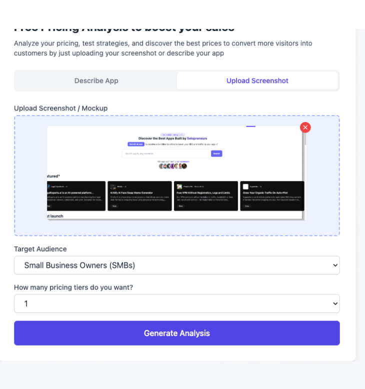 Pricing Analysis Tool - Main product screenshot demonstrating key features and user interface