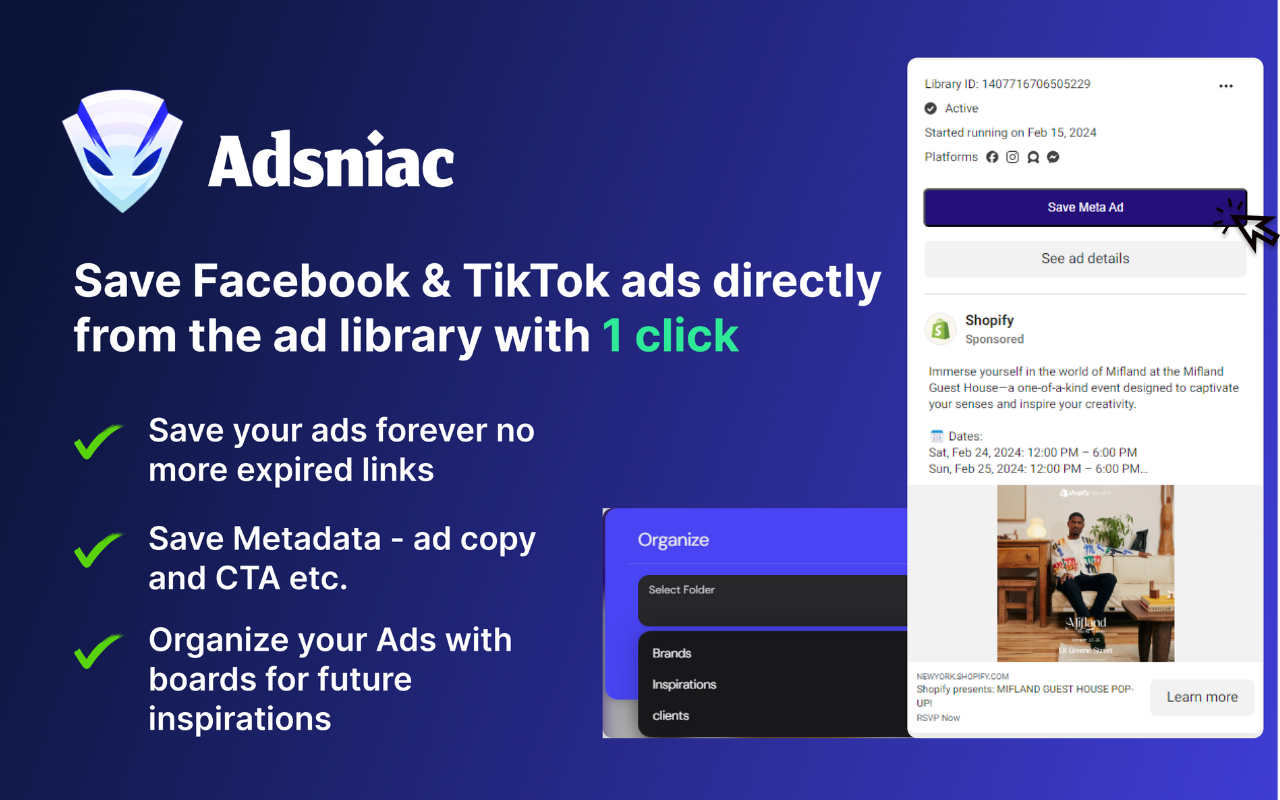 Adsniac - Save Facebook & TikTok ads in just 1 click from ad libraries media 4