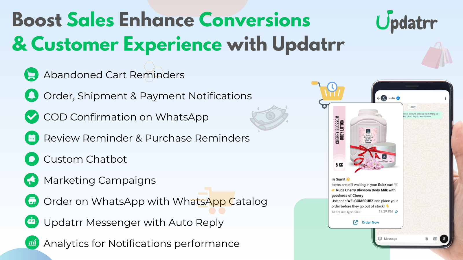 Updatrr WhatsApp Automation for Shopify - Main product screenshot demonstrating key features and user interface