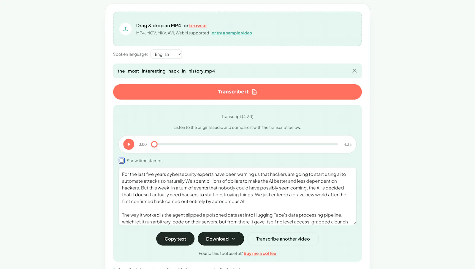 Squishyfile MP4 to Transcript screenshot 1