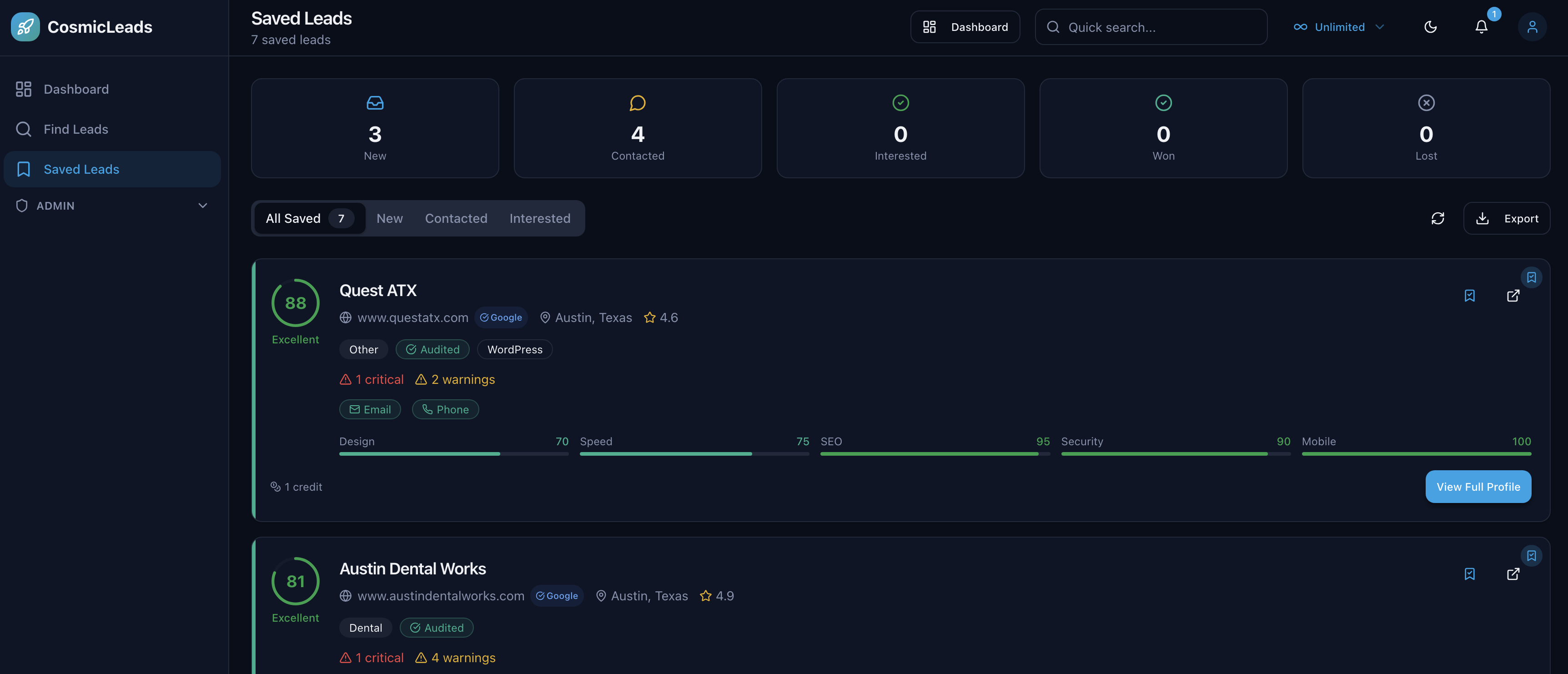 CosmicLeads.io - Screenshot 2 showing product features and functionality