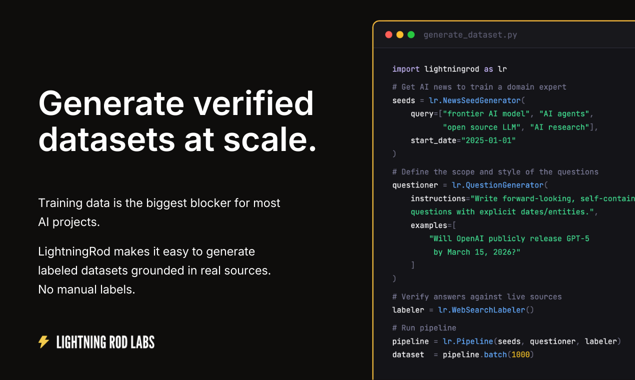 Lightning Rod: Training Data Generator - Main product screenshot demonstrating key features and user interface
