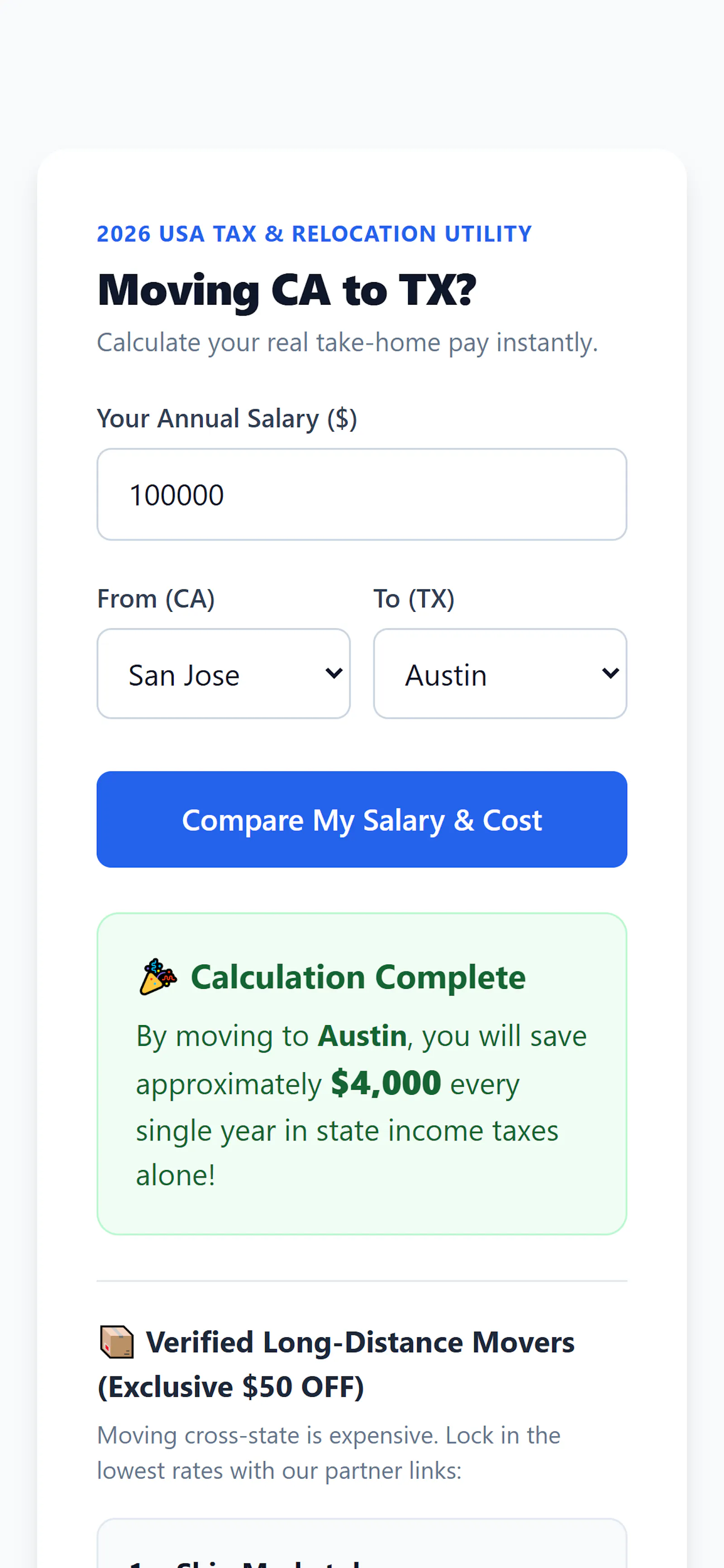 CA to TX Tax Calculator (MVP) screenshot 2