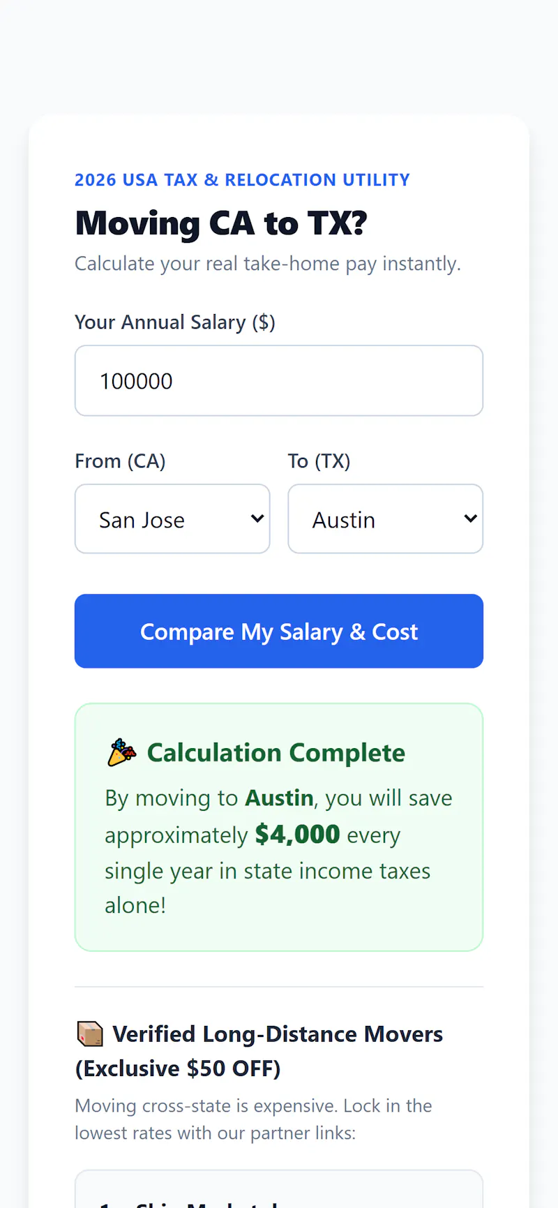 CA to TX Tax Calculator (MVP) screenshot 2