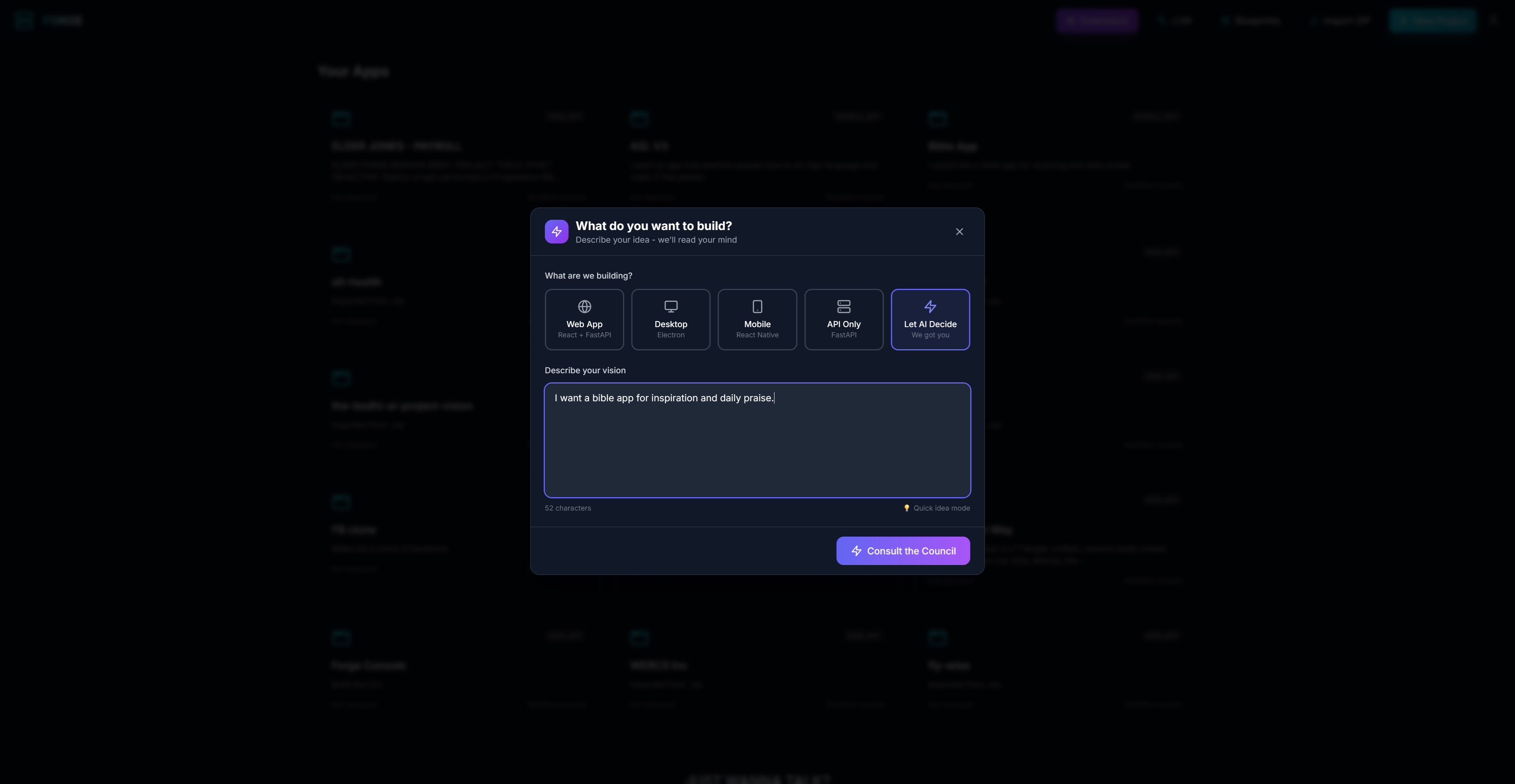 Forge: One sentence → Enterprise-grade. - Main product screenshot demonstrating key features and user interface