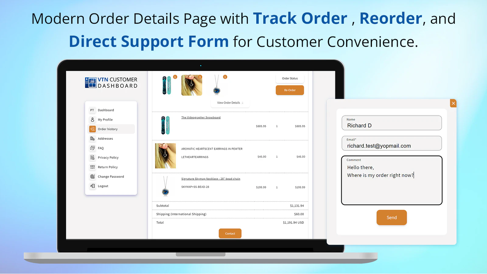 VTN Customer Dashboard Shopify App screenshot 2
