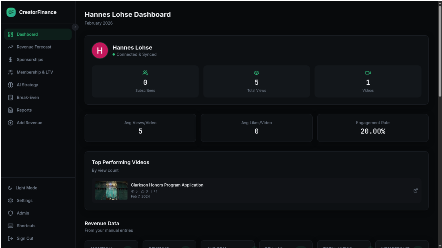 Creator Finance - Main product screenshot demonstrating key features and user interface