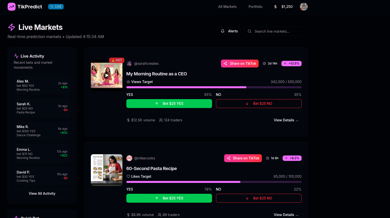 Média Tikpredict - Monétiser votre contenu tiktok via des marchés de prédiction 2
