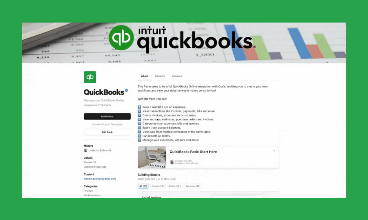 Coda 용 Quickbooks Pack - CODA 문서에서 QuickBooks 온라인 회사를 관리하십시오 미디어 2