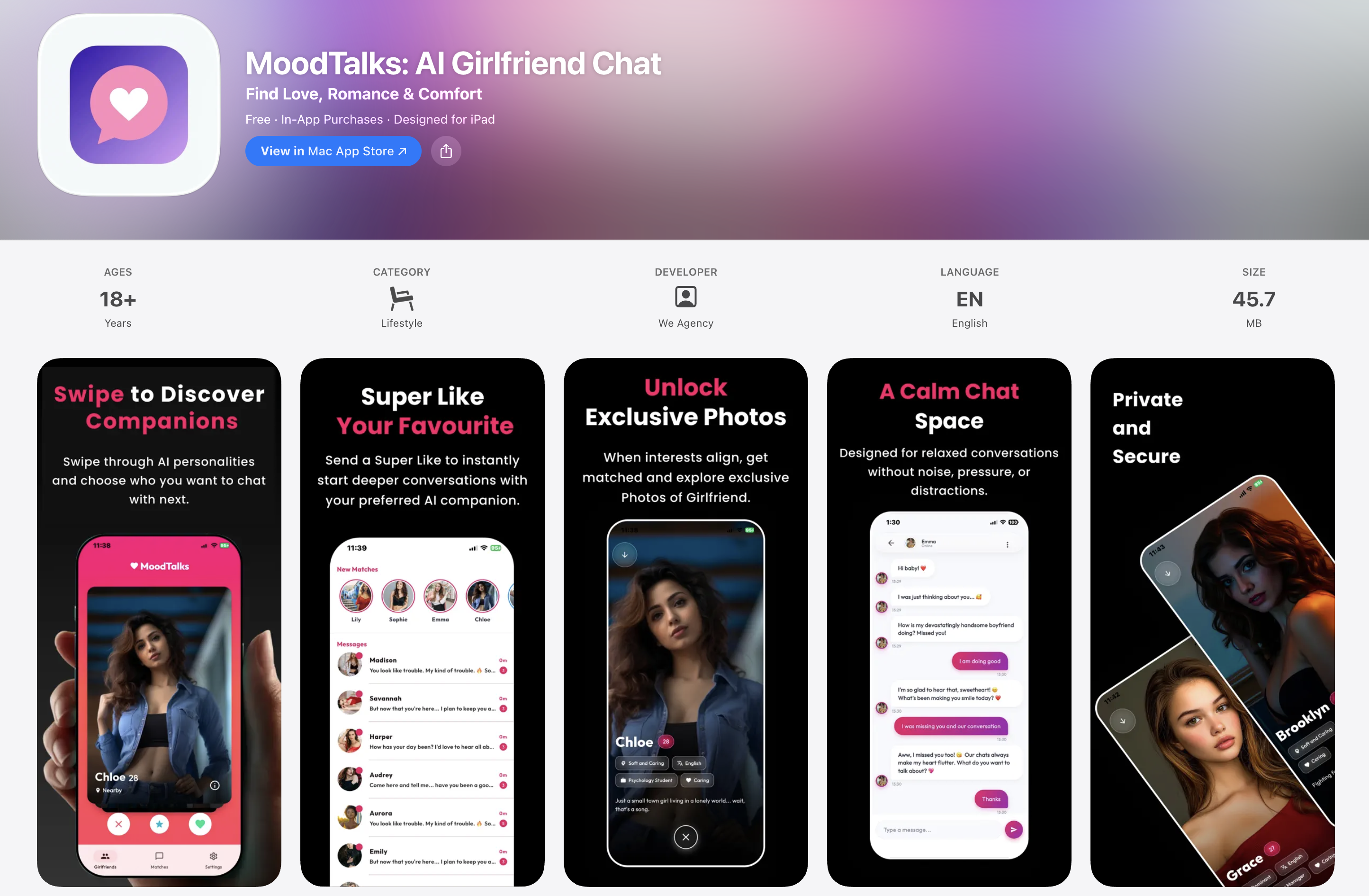 MoodTalks: AI Girlfriend Chat - Main product screenshot demonstrating key features and user interface