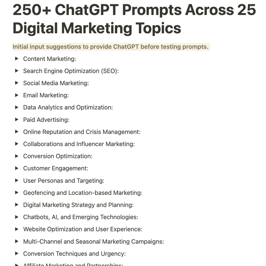250 suggerimenti di chatgpt di marketing digitale