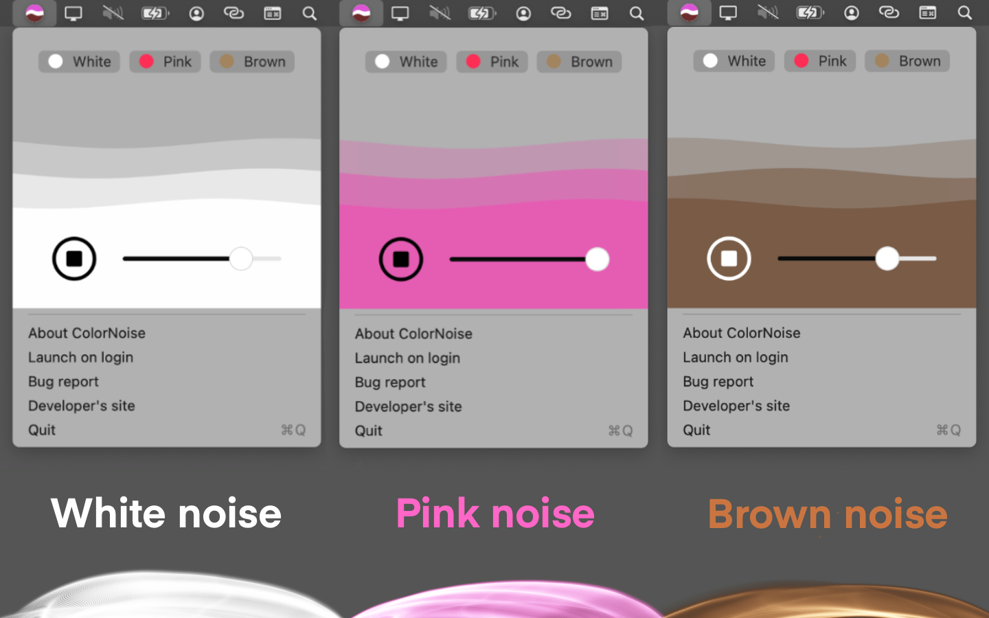 Kolornoise - MacOS menü çubuğu için kahverengi gürültüye sahip üretkenlik güçlendirici medya 2