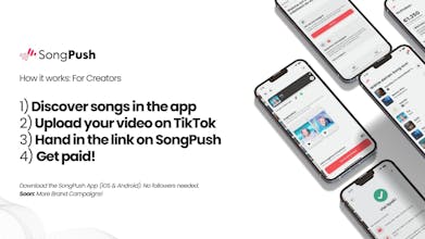 Руки смартфона с отображающимся интерфейсом приложения, демонстрирующие возможность использовать музыку артистов для видео TikTok и зарабатывать деньги через промо-активности.