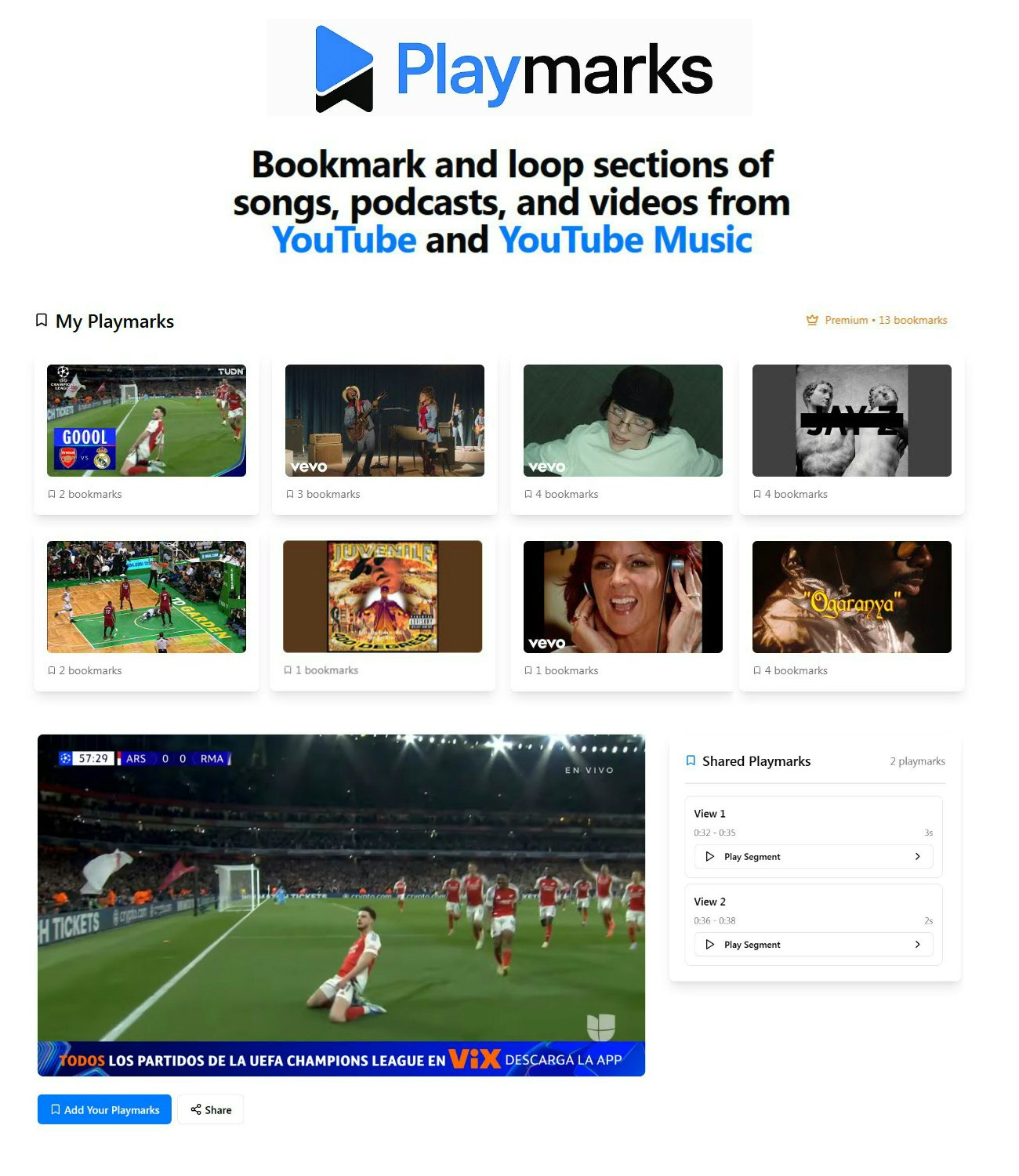 Playmarks - Bookmark & loop sections of Youtube songs,podcasts & videos media 1
