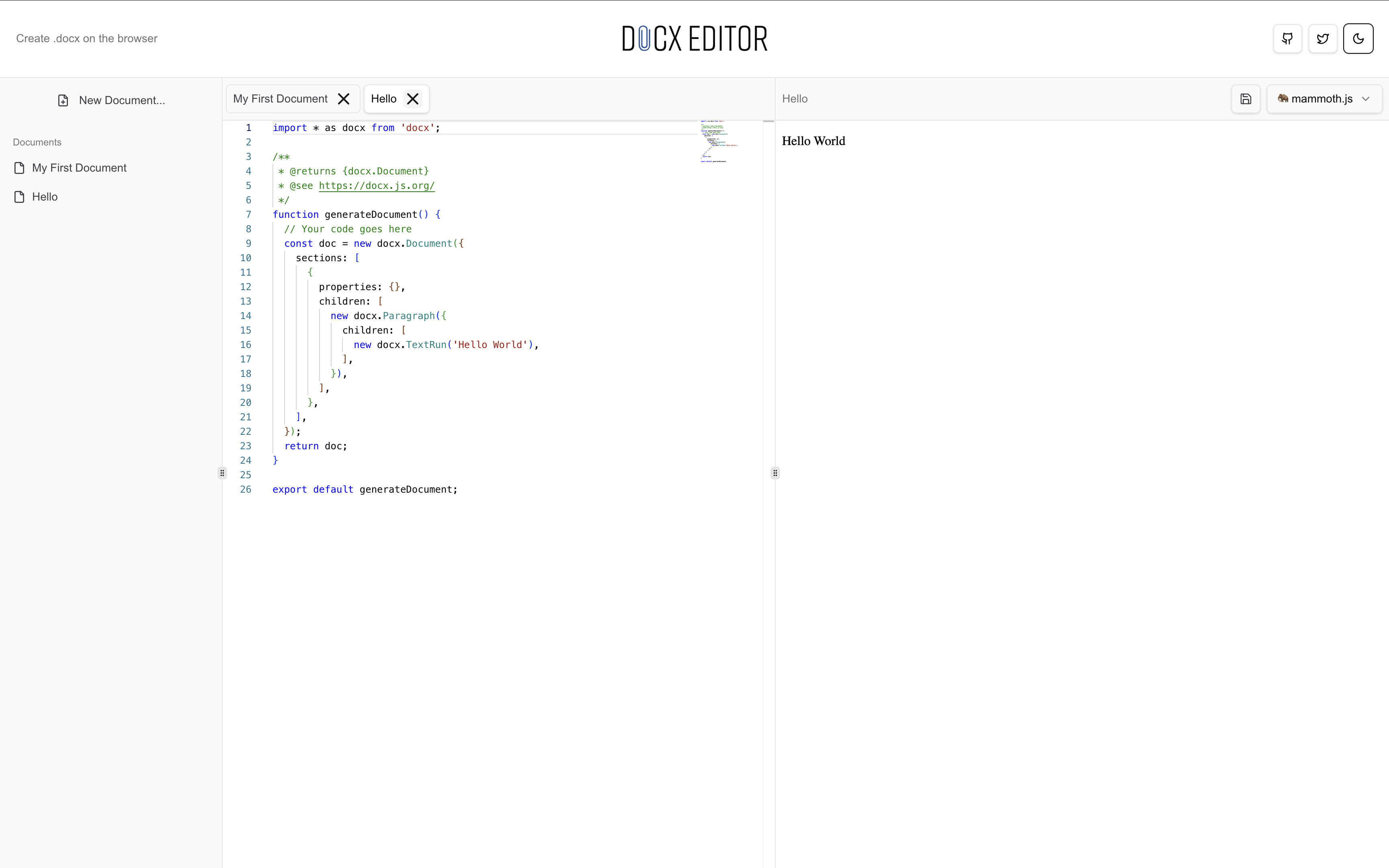 وسائط محرر DOCX.JS - محرر الكود المستند إلى المتصفح لـ DOCX.JS مع معاينة مباشرة 8