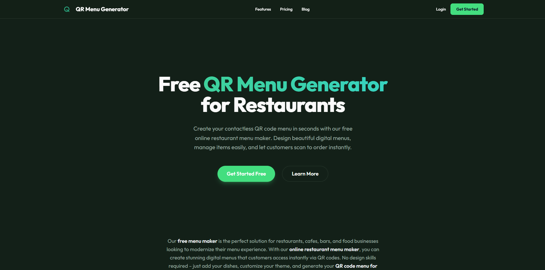 QR Menu Generator - Main product screenshot demonstrating key features and user interface