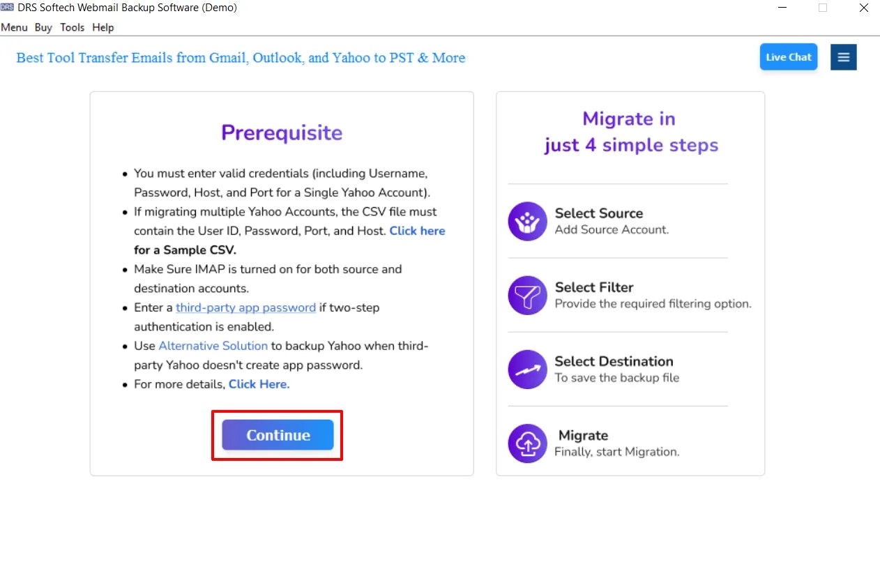 DRS Solution Yandex Backup Tool - Main product screenshot demonstrating key features and user interface