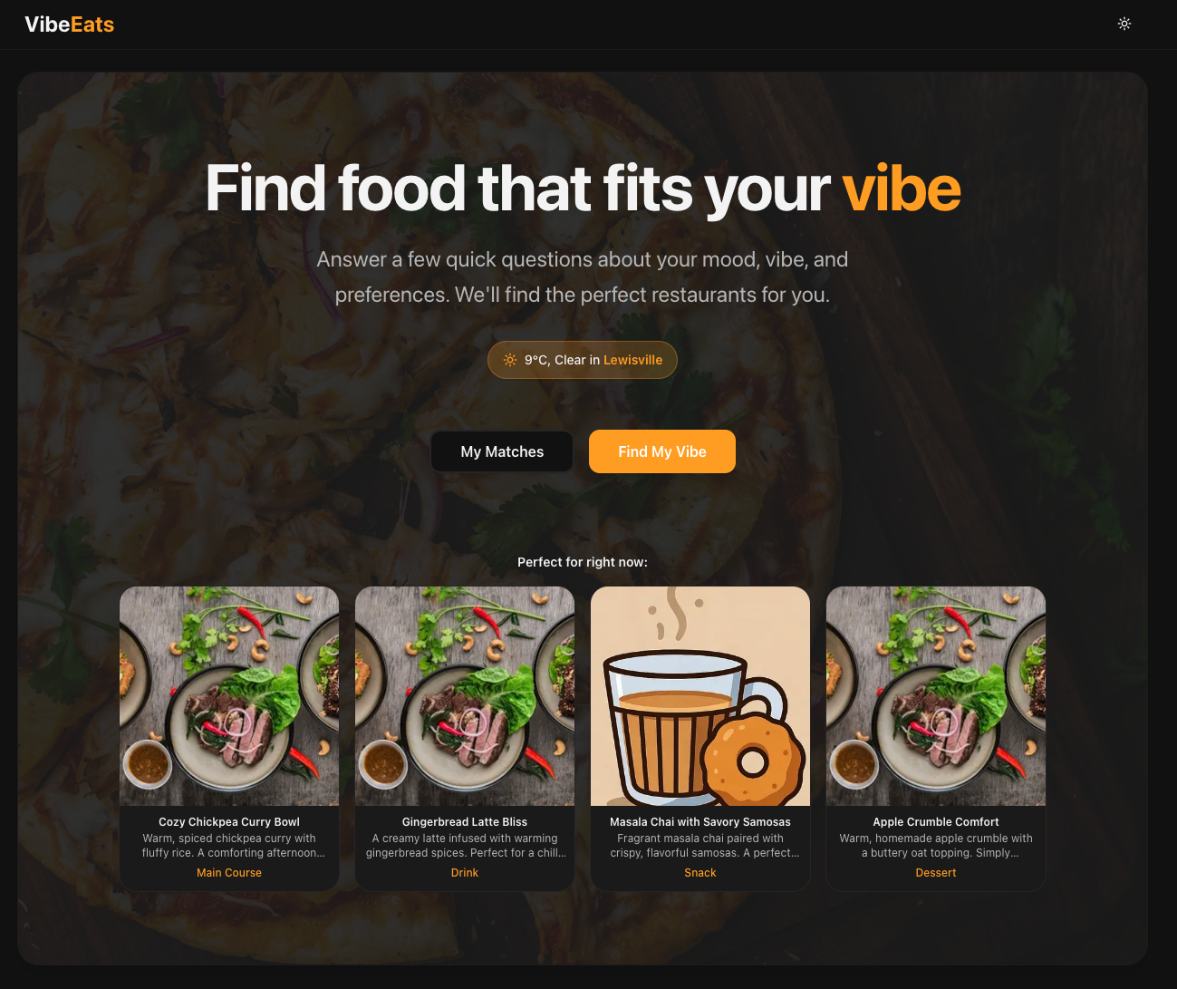 VibeEats - Main product screenshot demonstrating key features and user interface