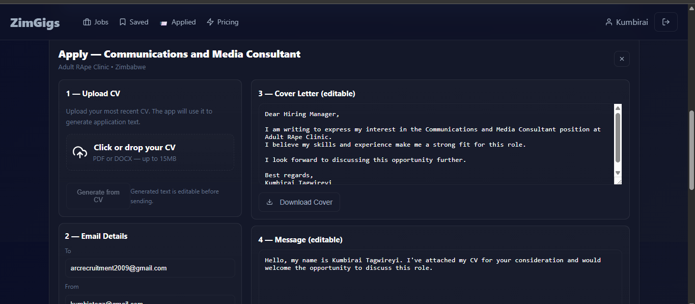 ZimGigs - Main product screenshot demonstrating key features and user interface
