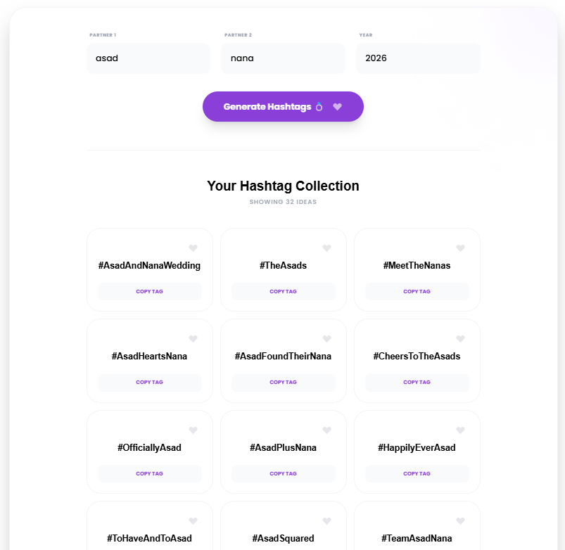 Wedding Hashtag Generator - Main product screenshot demonstrating key features and user interface